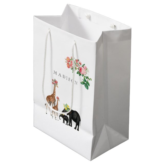 Cute Elephant & Giraffe Floral Custom Name Medium Gift Bag (Front Angled)
