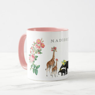 Cute Elephant & Giraffe Floral Custom Name Mug