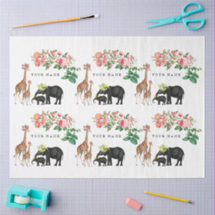 Cute Elephant & Giraffe Floral Custom Name Tissue Paper