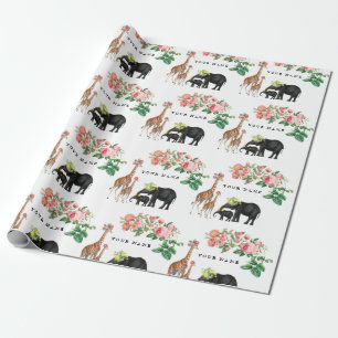 Cute Elephant & Giraffe Floral Custom Name Wrapping Paper