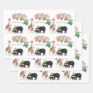 Cute Elephant & Giraffe Floral Custom Name  Wrapping Paper Sheet