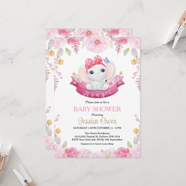 Cute Elephant Girl Baby Shower Invitation (Front/Back In Situ)