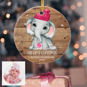 Cute Elephant Girl Baby's FIRST CHRISTMAS Rustic Ceramic Tree Decoration