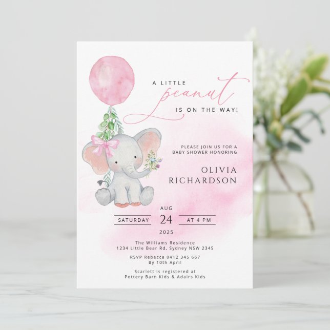 Cute Elephant Girl Balloon Baby Shower Invitation (Standing Front)