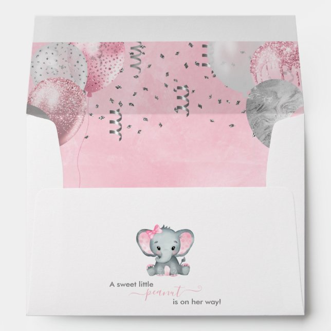 Cute Elephant Girl Balloons Baby Shower Envelope (Back (Bottom))