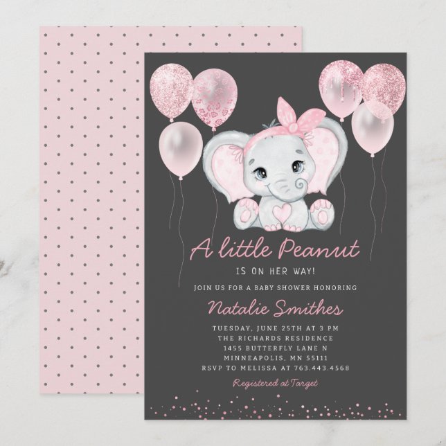 Cute Elephant Girl Balloons Baby Shower Invitation (Front/Back)
