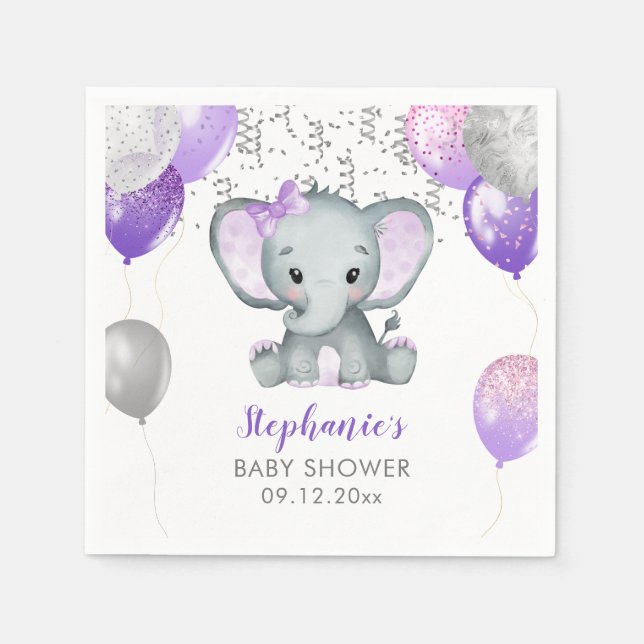 Cute Elephant Girl Balloons Baby Shower Napkin (Front)