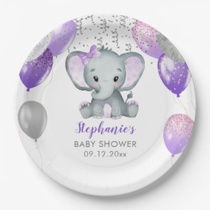 Cute Elephant Girl Balloons Baby Shower Paper Plate