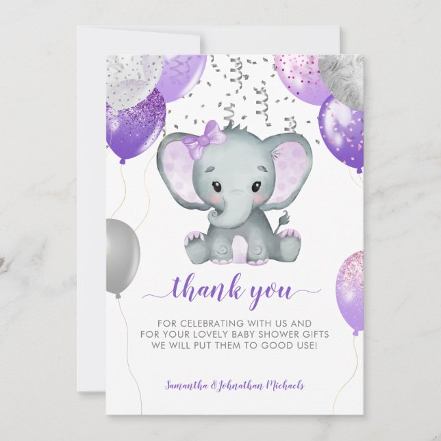 Cute Elephant Girl Balloons Thank You Card (Front)