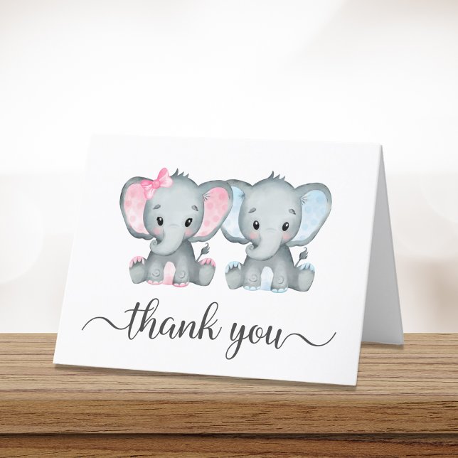 Cute Elephant Girl Boy Twins Baby Shower Thank You Card (Creator Uploaded)