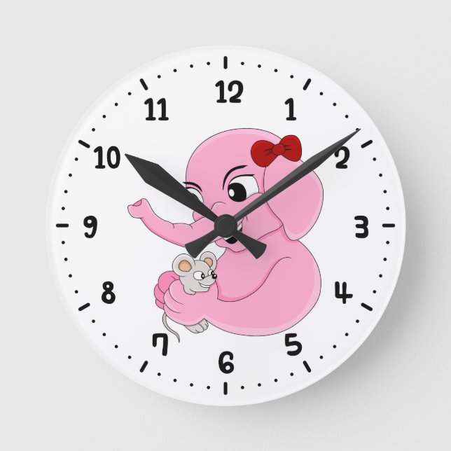 Cute elephant girl cartoon round clock (Front)