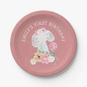 Cute Elephant Girl First Birthday Dusty Pink Paper Plate
