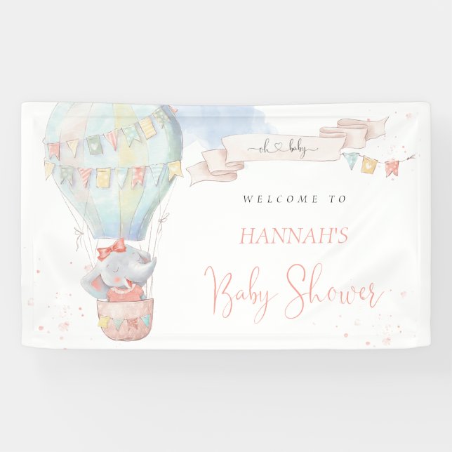 Cute Elephant Girl Pink Baby Shower Banner (Horizontal)