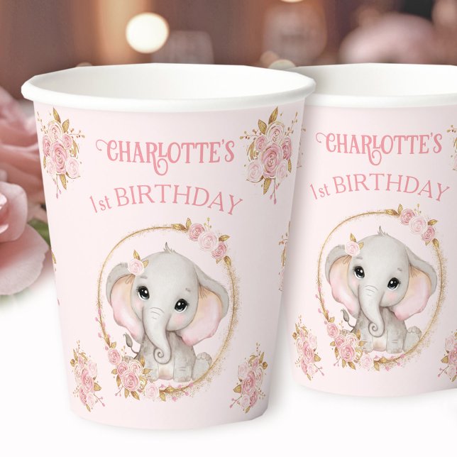 Cute Elephant Girl Pink Floral Roses 1st Birthday Paper Cups (Cute Elephant Girl Pink Floral Roses 1st Birthday Paper Cups)
