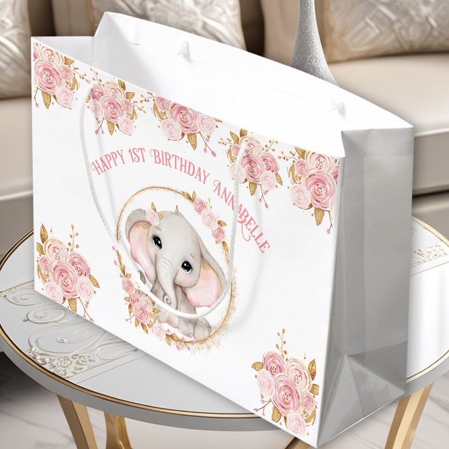 Cute Elephant Girl Pink White 1st Birthday Large Gift Bag (Cute Elephant Girl Pink White 1st Birthday Large Gift Bag)