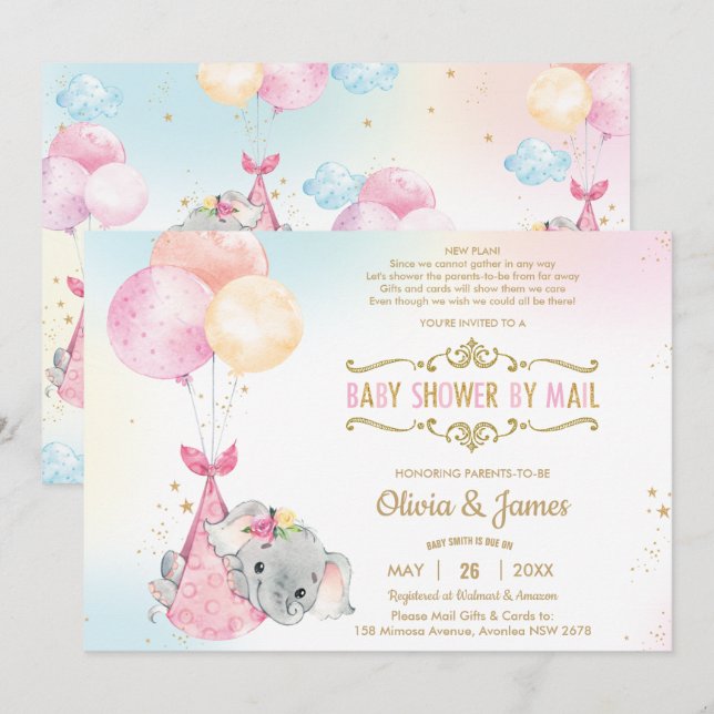 Cute Elephant Girl Virtual Baby Shower by Mail Invitation (Front/Back)
