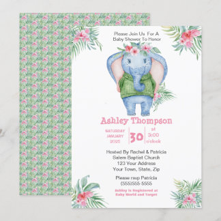 Cute Elephant Girls Baby Shower Invitation