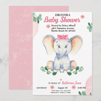 Cute Elephant Girls Baby Shower Invitation