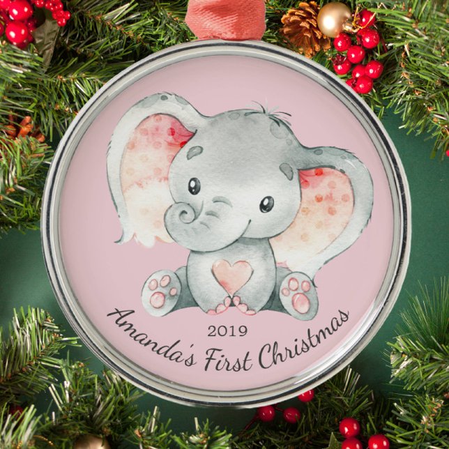 Cute Elephant Girls First Christmas Ornament (Creator Uploaded)
