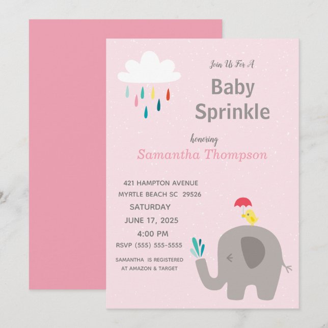Cute Elephant Girls Pink Baby Sprinkle Shower    Invitation (Front/Back)