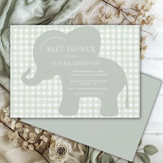 Cute Elephant Green Gingham Baby Shower  Invitation (Creator Uploaded)