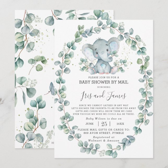 Cute Elephant Greenery Baby Shower by Mail Boy Invitation (Front/Back)
