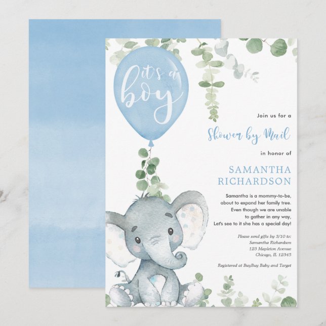 Cute elephant greenery boy shower by mail invitation (Front/Back)