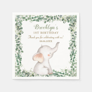 Cute Elephant Greenery Gender Neutral 1st Birthday Napkin