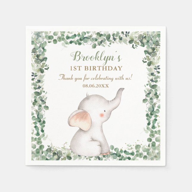 Cute Elephant Greenery Gender Neutral 1st Birthday Napkin (Front)