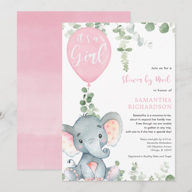 Cute elephant greenery girl shower by mail invitation (Front/Back)