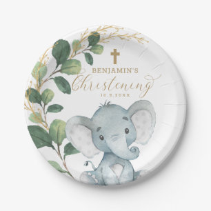 Cute Elephant Greenery Gold Leaves Christening Paper Plate