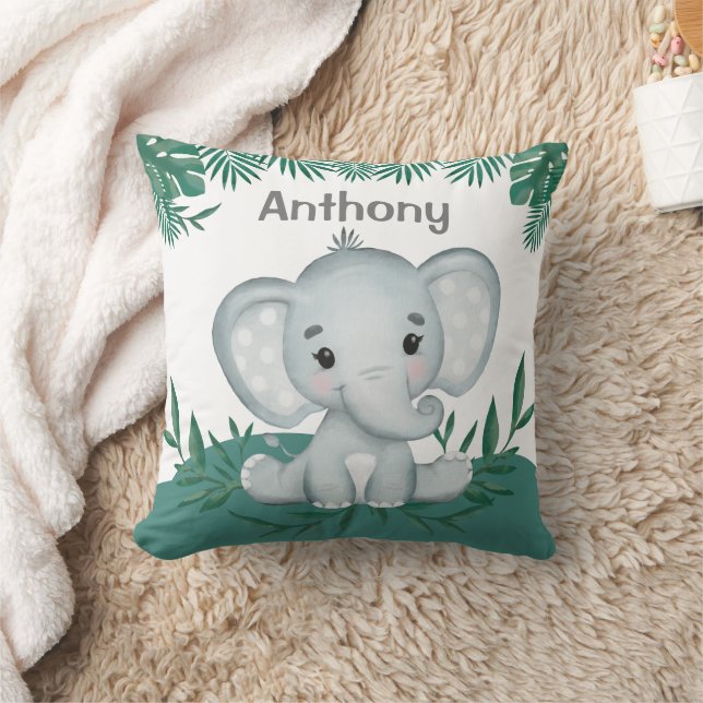 Cute Elephant Greenery Name Kids Cushion (Blanket)