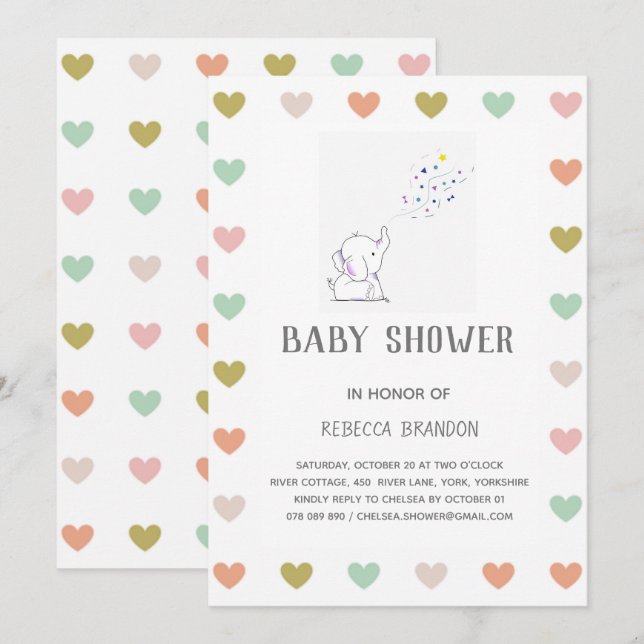 Cute Elephant Hearts Mood Baby Shower Invitation (Front/Back)