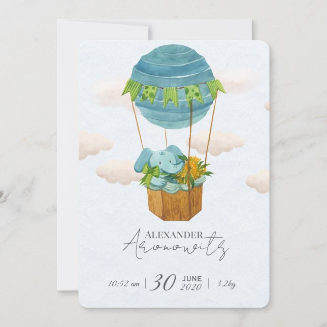 Cute Elephant Hot Air Balloon Baby Birth Announcem Invitation (Front)