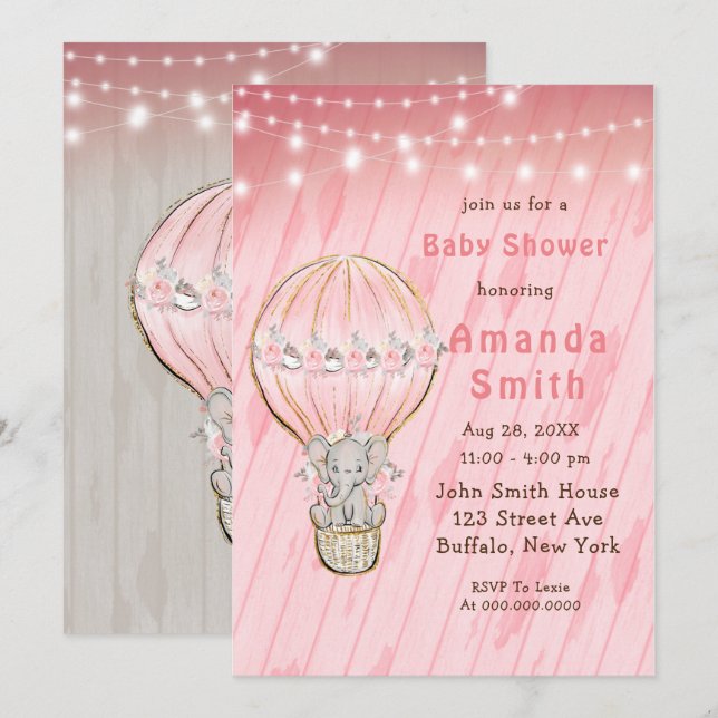 Cute Elephant Hot Air Balloon Baby Shower  Invitat Invitation (Front/Back)