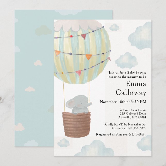 Cute Elephant Hot Air Balloon Baby Shower  Invitation (Front/Back)