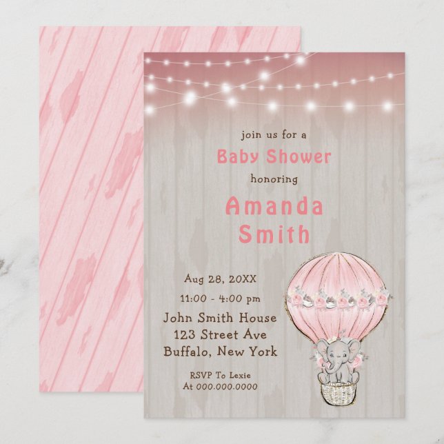 Cute Elephant Hot Air Balloon Baby Shower  Invitation (Front/Back)