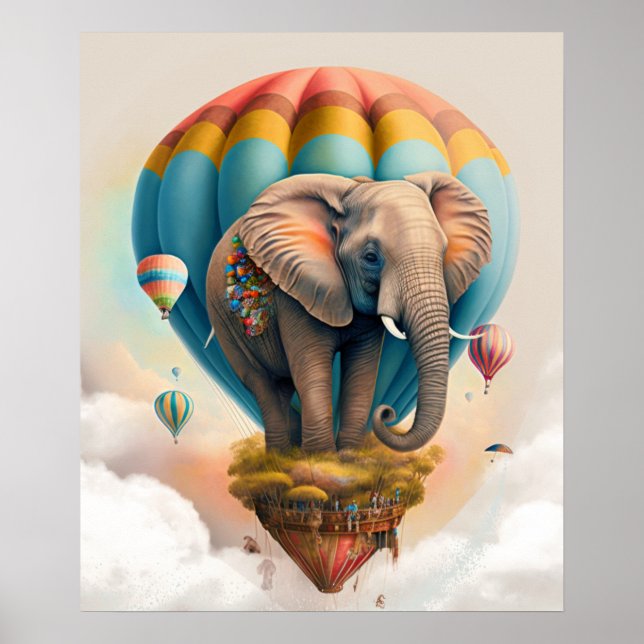 Cute Elephant Hot Air Balloon Whimsical Animal Poster (Front)