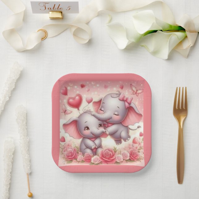  Cute Elephant Hugs,  Hearts & Roses  Paper Plate (Wedding)