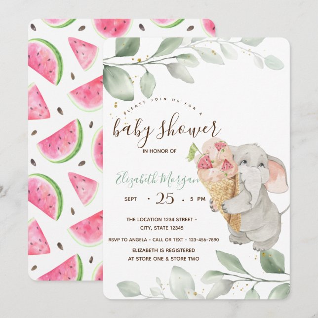 Cute Elephant Ice cream Watermelon Baby Shower  Invitation (Front/Back)