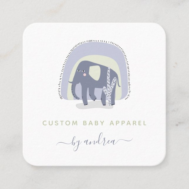 Cute Elephant Illustration Baby Infant Boutique Square Business Card (Front)