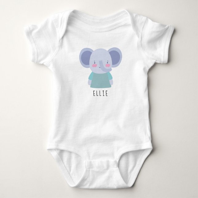 Cute Elephant Illustration - Customisable Name Baby Bodysuit (Front)