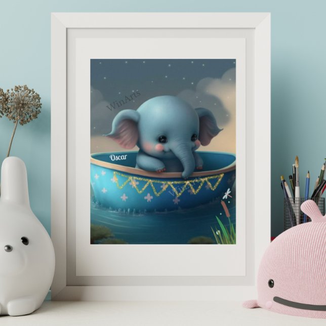 Cute Elephant in a Boat Personalised Art Nursery Poster (Creator Uploaded)