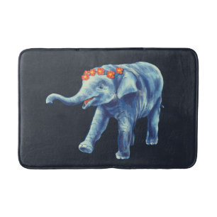 Cute Elephant In Blue With Wreath Of Flowers Kids Bath Mat