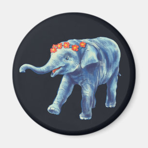 Cute Elephant In Blue With Wreath Of Flowers Kids Magnet