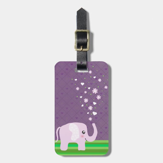 Cute elephant in girly pink & purple luggage tag (Front Vertical)
