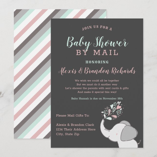 Cute Elephant in Pink & Mint Baby Shower by Mail Invitation (Front/Back)