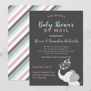 Cute Elephant in Pink & Mint Baby Shower by Mail Invitation