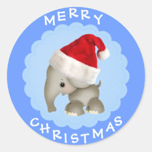 Cute Elephant in Santa Hat Blue Christmas Stickers