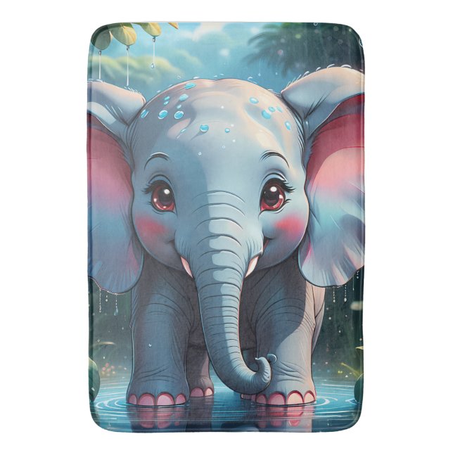Cute Elephant in the Rain Bath Mat (Front Vertical)